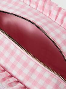 ROMWE Kawaii Women's Pink & White Plaid Lace Cherry Cat Pattern Bow Decor Cosmetic Pouch - Multicolor - View 6