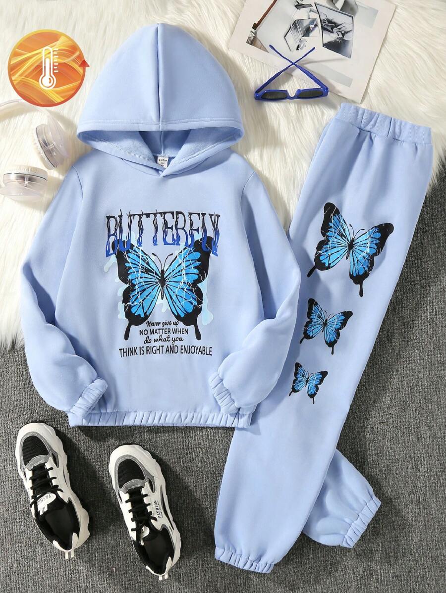 SHEIN 女大童標語和蝴蝶印花保暖連帽衫和運動褲