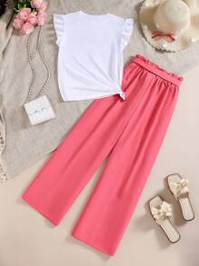 SHEIN Tween Girls Cap Sleeve Crew Neck Top & Solid Color Pants 2 Pieces Set - Hot Pink - View 2
