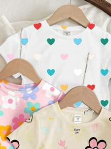 SHEIN Leap Crew Happikins Young Girl Casual Minimalist Round Neck Short Sleeve T-Shirt, Suitable For Summer - Multicolor - View 3
