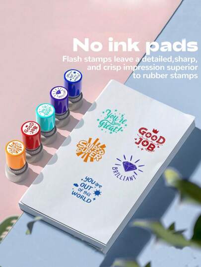 5pcs/Set Teacher Comment Stamps Automatic Ink Pad Stamp, Comment Sensitive Stamp, Education Behavior Stamp, Encouragement Seal, Parent Signature Stamp With 5 Colors,Back To School,School Supplies