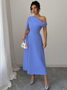 Elenzga Spring 2025 New Arrival Blue Asymmetrical Neck Net Yarn Ribbon Flowy Wide Hem Cinched Waist Dress, Flattering - Blue - View 4
