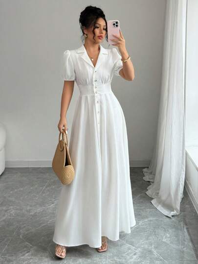 Elenzga 女式纯色翻领泡泡袖优雅连衣裙