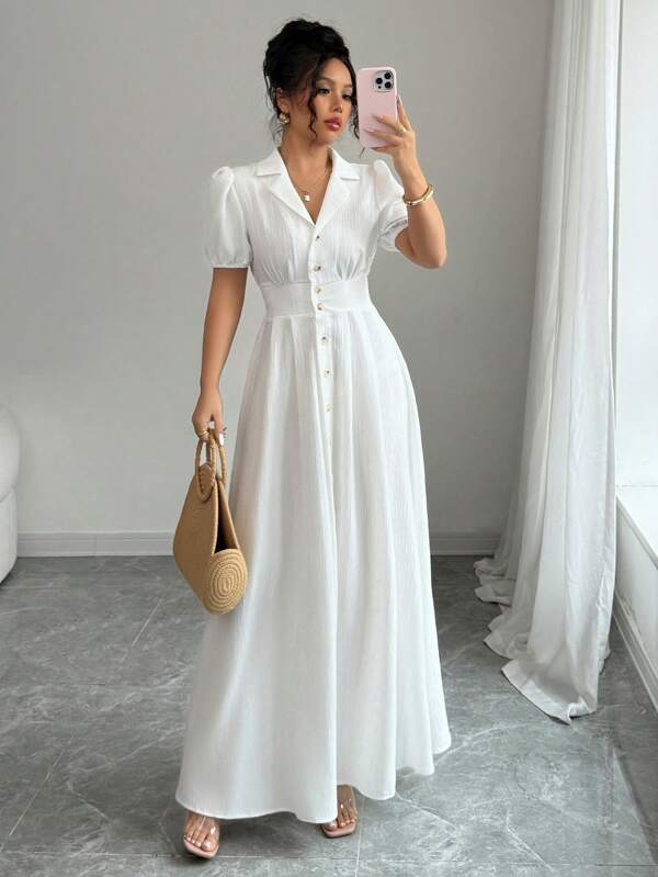 Elenzga Women's Solid Color Lapel Neck Puff Sleeve Elegant Dress