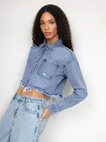 Maija Women's Distressed Cropped Denim Jacket - Blue - View 1