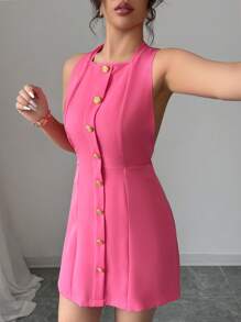 Elenzga 女士单排扣后系带无袖优雅连衣裙 - 玫紅色 - 查看 6