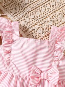 SHEIN Vintaside Kids 女婴/幼儿休闲时尚度假风荷叶边袖条纹编织蝴蝶结前黄色连体裤，春夏新品 - 粉色 - 查看 4