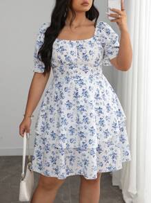 Elenzga 大码女式优雅法式蓝白花卉印花荷叶边下摆短袖连衣裙，夏季 - 藍白色 - 查看 2