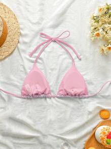 Swim Mod Textured Halter Crop Top, Summer Vacation For Women - Baby Pink - View 2