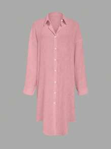 SHEIN LUNE Ruffle Hem Button-Down Long Sleeve Women Blouse Fall Cloth For Women - Pink - View 3