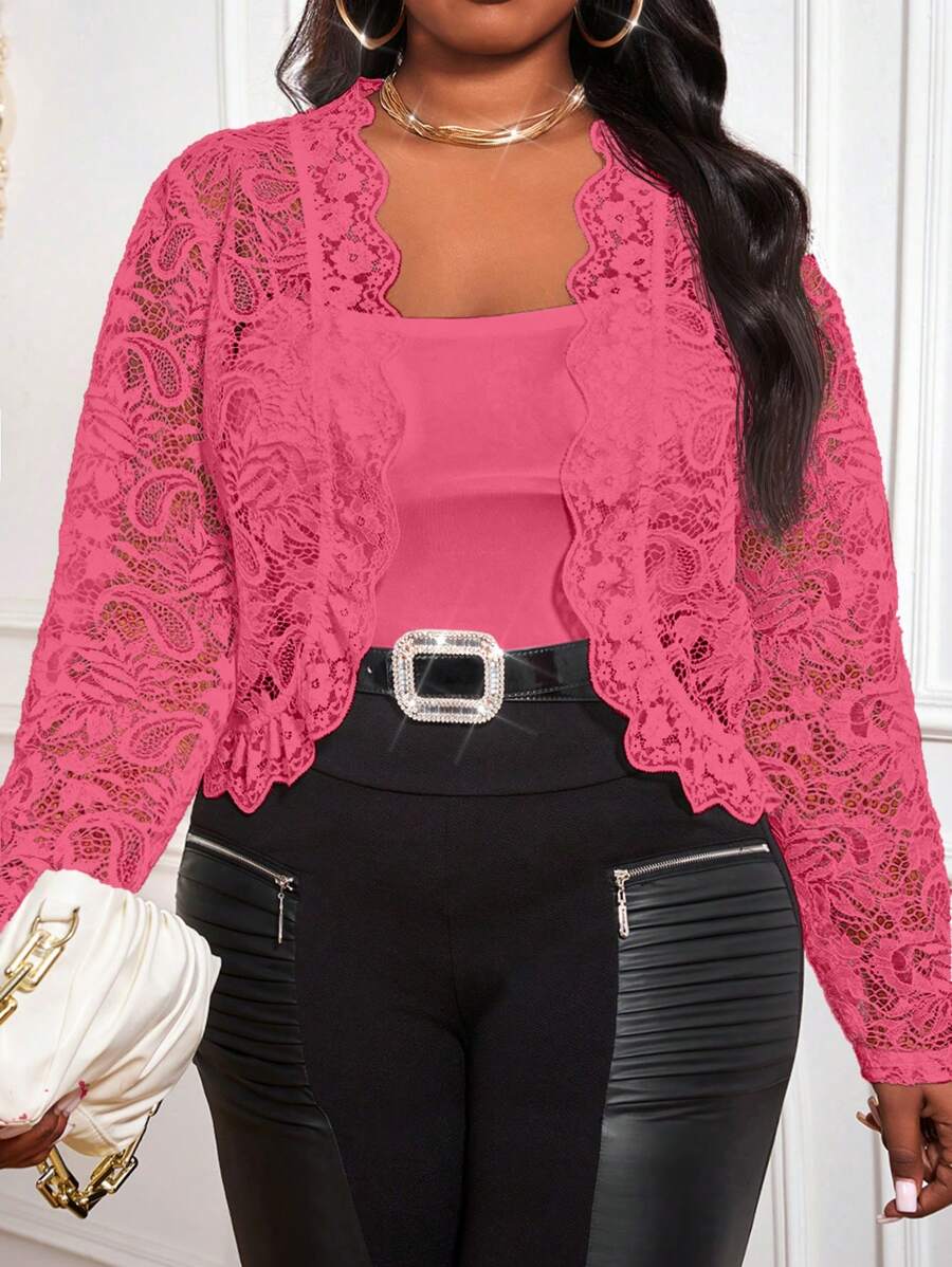 SHEIN Lady Áo khoác tay dài họa tiết kẻ sọc đen cổ điển màu mơ cho nữ cỡ lớn, thường ngày đi làm vào mùa thu/đông - Màu Hồng Tươi - Xem 1