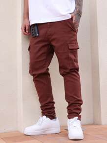 Manfinity Homme Men's Casual Cargo Pockets Washed Denim Jeans, Versatile & - Coffee Brown - View 1