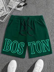 Aesthetic Post--Men's Letter Print Drawstring Waist Pocketed Casual Shorts - Dark Green - View 1