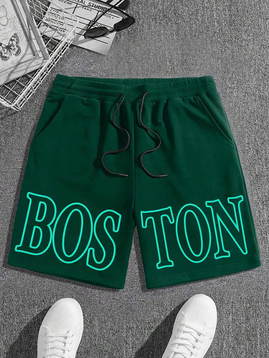 Aesthetic Post--Men's Letter Print Drawstring Waist Pocketed Casual Shorts - Dark Green - View 1