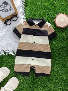 SHEIN Enterizo de punto a rayas de manga corta para bebé recién nacido niño, adecuado para fiesta de cumpleaños, fiesta de noche, evento, boda, celebración de un mes, bautizo y baby shower del primer cumpleaños, verano