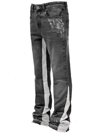 Grunge Punk Men's Casual Patchwork Distressed Flared Leg Jeans With Pockets