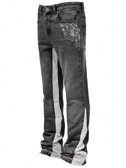 Grunge Punk Pantalones vaqueros casuales de hombre con piernas acampanadas, parches y desgastados con bolsillos
