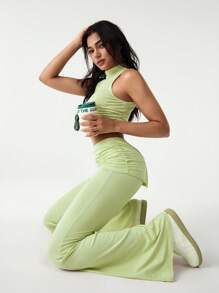 Hanevo 2pcs Women Solid Color Stand Collar Crop Top & Wide Leg Pants Set Sportwear For Daily Wear - Green - View 6