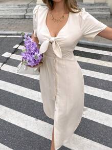 SHEIN Frenchy Women's Solid Color Elegant Romantic Front Neck Bow Midi Dress, Simple & Fashionable, Suitable For Summer,Women Dresses Vacation,Elegant Gown,Spring/Summer,Front Button Placket Dress,Non-Stretch Crepe Textured Fabric,Elegant And Fashionable For Commuting,Modest Dresses For Women,Wedding Guest Dress Women,Bridal Shower Dress White,Graduation Dress,Tea Party Dress