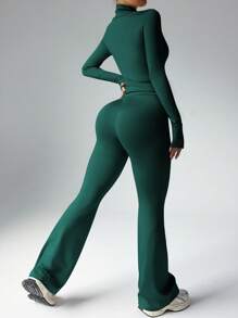 Dewbera Women Solid Color Long Sleeve Zip-Up Jacket And Flared Pants Sports Suit Gym Women Outfit