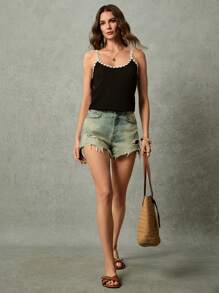 Poéselle Daisy Camisole Tank Top, Summer Vacation Tank Top, Solid Grain Fabric, Loose Casual Tank Top, Clashing Daisy Lace, Suitable For Outing Vacation, Romantic Date