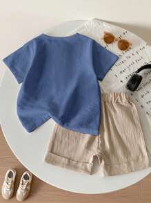 SHEIN 2pcs/Set Young Boy Solid Color Button Half Placket Shirt And Shorts - Blue - View 2