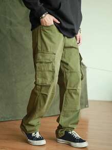 Manfinity Homme Loose Fit Men's Solid Color Flip-Pocket Long Pants Cargo Pants Men Baggy - Green - View 4