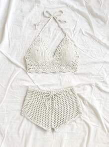 Soleia Set de 2 piezas de top halter de punto calado de unicolor y shorts de punto para mujer, conjuntos de vacaciones de primavera y verano para festivales bohemios al aire libre - Beis - Ver 4