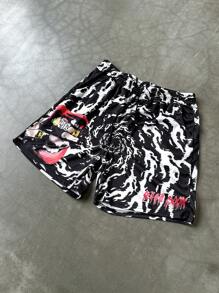 PAVTROS Men's Streetwear High-Street Black Swirl Dollar Money Graphic With Golden Teeth And Red Mouth On Street-Style Hip-Hop Digital Print Mesh Shorts - Multicolor - View 4