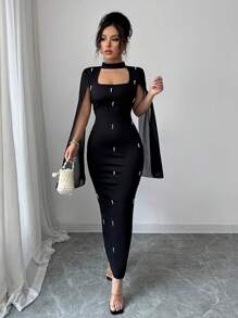 Elenzga Halloween Costume Patchwork Pearl Chiffon Bubble Dress, Elegant Fitted Style For Women Fall Cloth For Women - Black - View 3