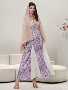 Al Najma Women's V-Neck Pullover Tie Dye Floral Pattern Sequins Embroidered Collar Pleated Insert Romantic Elegant Turkish/Arabic Long Kaftan,Modest - Multicolor - View 7