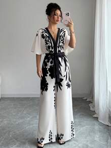 Chiquease 女士优雅度假撞色深 V 领蝙蝠袖宽松上衣，系腰带和花卉印花阔腿连体裤 - 杏色 - 查看 6