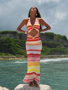 Opulessa 女士性感露背 V 领无袖金属装饰带腰部镂空开衩紧身针织连衣裙，适合度假、海滩派对、约会穿着 - 彩色 - 查看 3