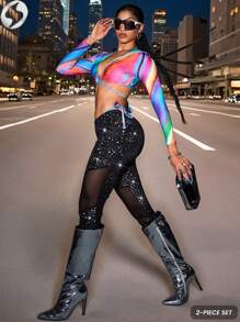 Innovista Traje de baño deportivo para mujer de dos piezas, conjunto de traje de baño para mujer, traje de baño de manga larga para mujer, falda anudada - Multicolor - Ver 6