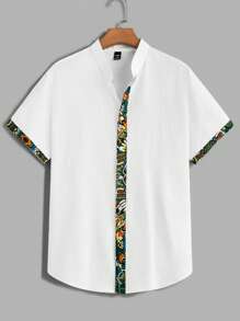 SHEIN Casual White Patchwork Short Sleeve Shirt For Teen Boys, Sports Streetwear Punk Rock School Daily Outgoing Party Music Festival, Suitable For Spring & Summer, Boys Costume Tween Clothes, Graphic Retro Print - White - View 1