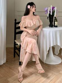 DAZY Plus Size Women's Asymmetric Ruffle Trim Slip Dress Floral,Milkmaid Dress - Pink - View 7