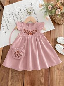 LMoss Kids LMoss Baby Girl Woven Embroidered Round Neck Ruffle Hem Dress With Diagonal Shoulder Bag,Sisters Outfit,Suitable For Spring And Summer