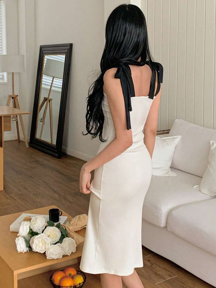 Minimalist Color Block Fitted Knit Lounge Dress For Women Pajama