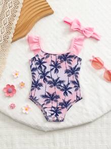 2pcs/Set Newborn Baby Girl Tropical Beach Plant Print Ruffled One-Piece Swimsuit With Hair Band - Pink - View 1