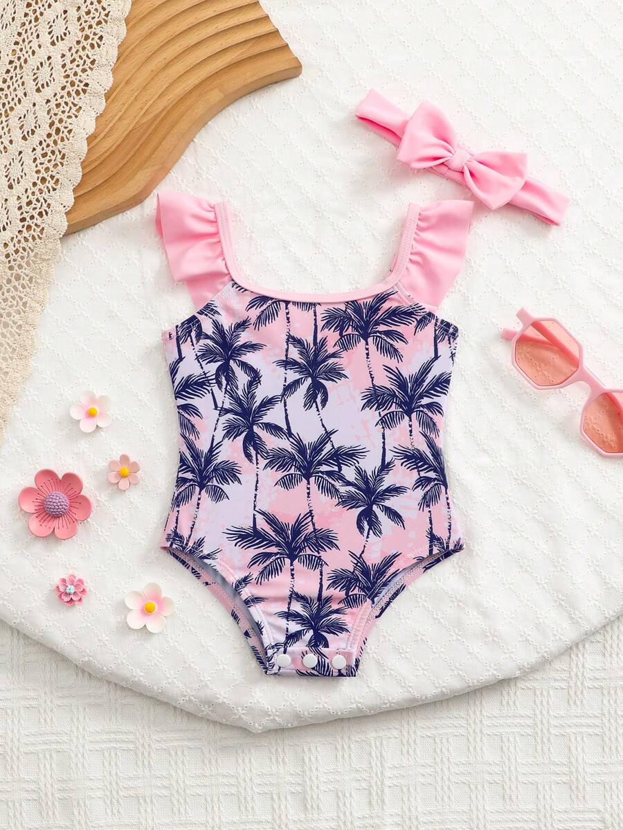2pcs/Set Newborn Baby Girl Tropical Beach Plant Print Ruffled One-Piece Swimsuit With Hair Band - Pink - View 1
