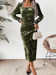 SHEIN Clasi Robe élégante mi-mollet à col carré et manches évasées en jacquard pour femmes