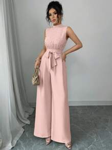 Elenzga 珍珠串珠无袖收腰杏色优雅通勤叠领上衣阔腿连体裤，舒适连体裤，不对称无袖上衣连体裤，适合春夏秋冬季节，演唱会女装，优雅，晚礼服，适合日常，通勤，婚礼季节 - 粉色 - 查看 5