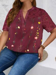 EMERY ROSE Plus Size Women'S Printed Hollow Out White Floral Shirt For Spring