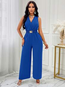 SOLERSUN Mono sin mangas con tiras anudadas, cuello en V y cintura con cinturón. La hebilla metálica del cinturón se puede abrir