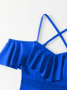 SHEIN Swim 女士连体荷叶边露肩纯色泳衣 - 寶藍色 - 查看 4