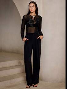SHEIN Privé 女士系带领长袖优雅知性刺绣网眼衬衫 - 黑色 - 查看 2