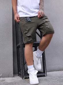 Manfinity Homme Men's Ripped Hem Casual Denim Shorts With Pockets - Army Green - View 6