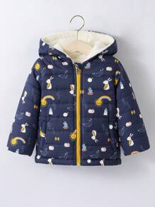 Young Girl Winter Padded Coat With Cartoon Print, Thermal Lined , Hooded Zipper Outerwear - Navy Blue - View 6