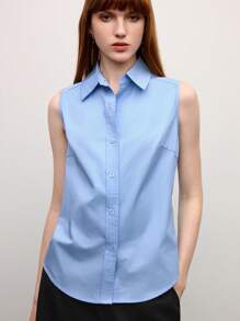 BizChic Women's Autumn Sleeveless Lapel Front Button Shirt Blouse, Basic Minimalist Elegant Business Casual Office Wear For Teachers, Weddings, Concerts - Blue - View 3
