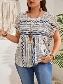 EMERY ROSE Große Größen Grafik Muster Lässig Loose Bluse, geeignet für Urlaub, Sommer